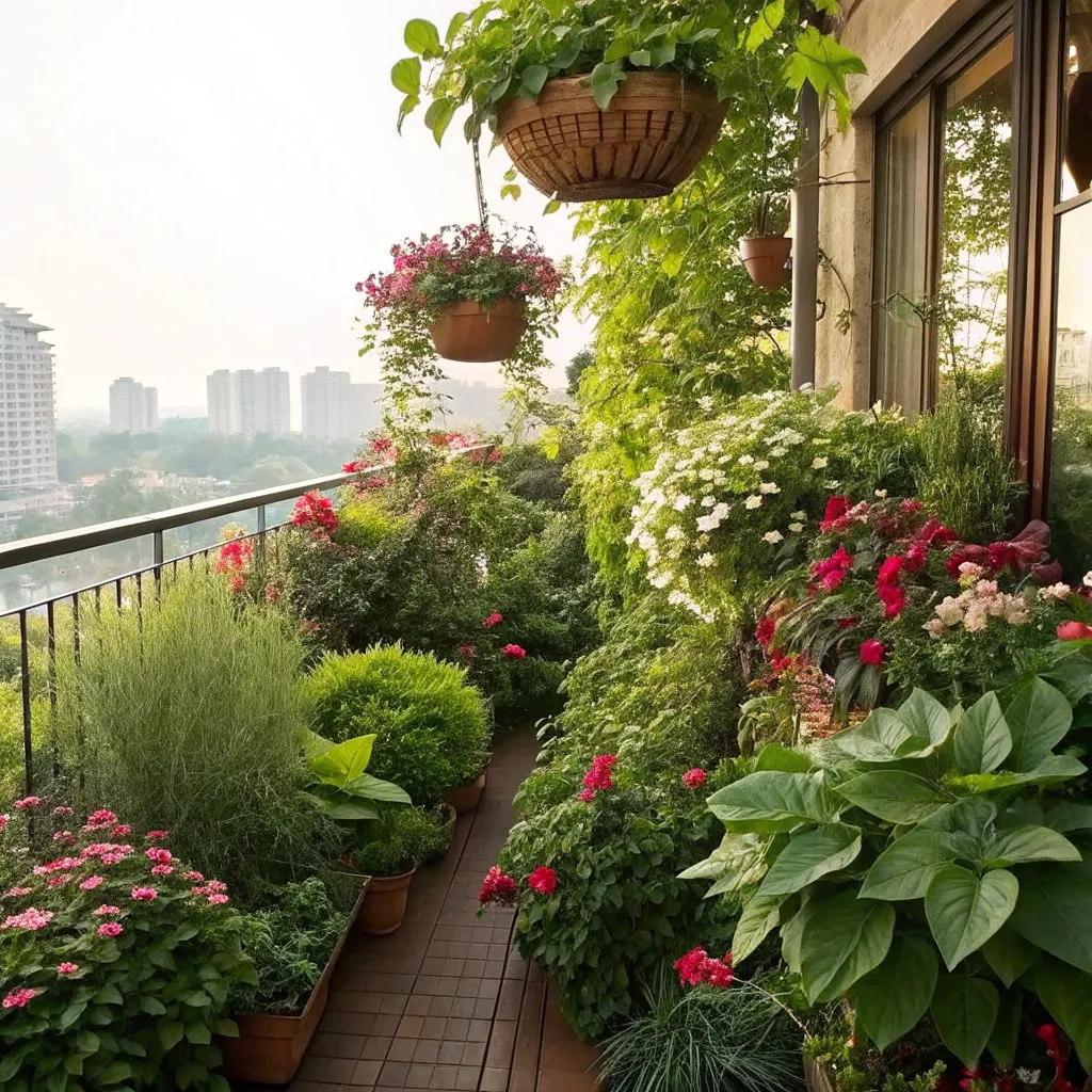 Lush balcony garden with various plants and flowers